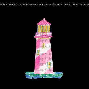 K&ouml;nnte beinhalten: Aquarell-Illustration eines Leuchtturms mit rosa und wei&szlig;en Streifen, einem rosa Dach und gelben Akzenten. Der Leuchtturm befindet sich vor einem schwarzen Hintergrund. Der Text "Shop Clip" wiederholt sich an der Seite.
