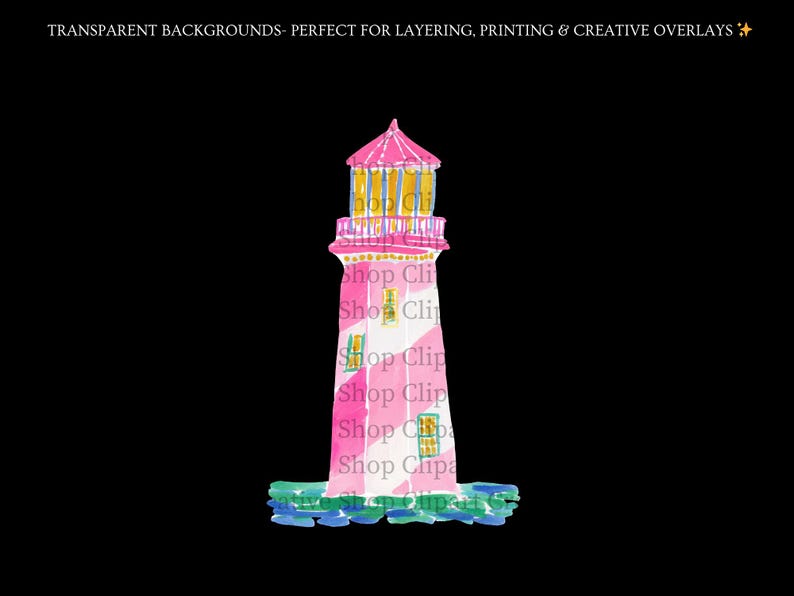 K&ouml;nnte beinhalten: Aquarell-Illustration eines Leuchtturms mit rosa und wei&szlig;en Streifen, einem rosa Dach und gelben Akzenten. Der Leuchtturm befindet sich vor einem schwarzen Hintergrund. Der Text "Shop Clip" wiederholt sich an der Seite.