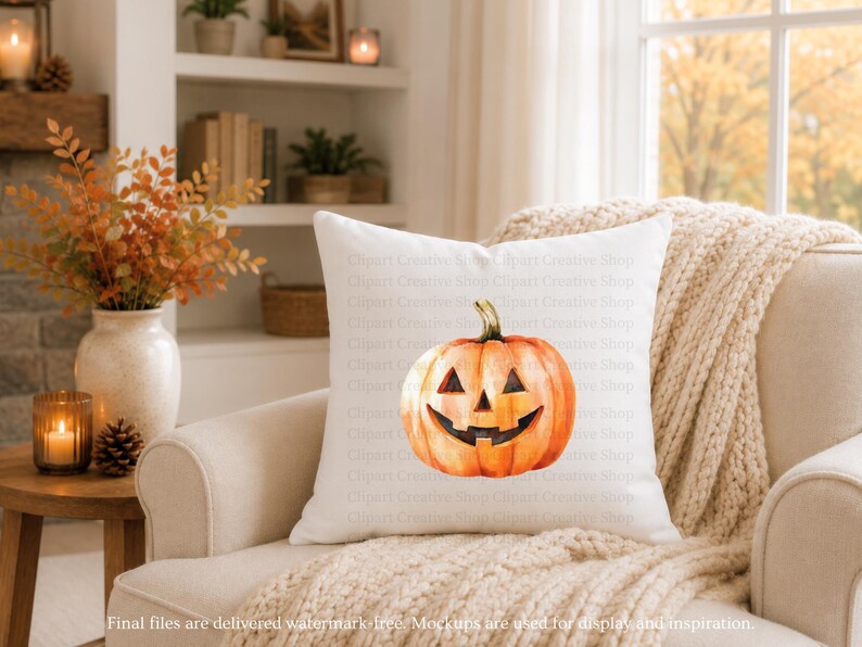 May include: A square white throw pillow featuring a centered watercolor-style illustration of an orange jack-o'-lantern pumpkin with a carved triangular nose, eyes, and a wide, jagged grin, set against a plain, light-colored fabric background.