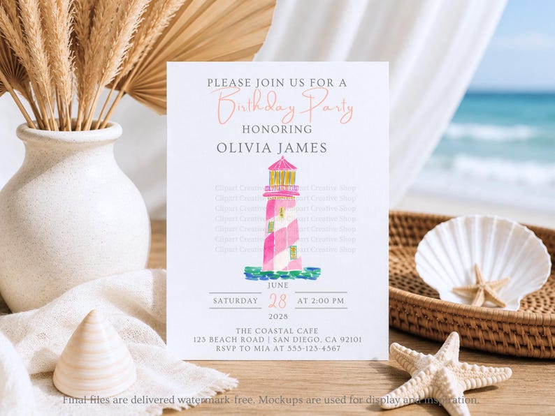K&ouml;nnte beinhalten: Einladung zum Geburtstag mit einer Aquarellillustration eines rosa und wei&szlig;en Leuchtturms. Die Einladung enth&auml;lt den Text &bdquo;Bitte feiern Sie mit uns einen Geburtstag zu Ehren von Olivia James&ldquo; und Veranstaltungsdetails.