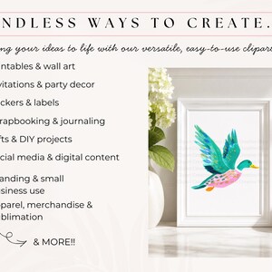Op de afbeelding: Een digitale afbeelding met een kleurrijke wilde eend in vlucht, weergegeven in een witte lijst. De tekst luidt ENDLESS WAYS TO CREATE, gevolgd door een lijst met toepassingen zoals printables, uitnodigingen, stickers en merchandise.