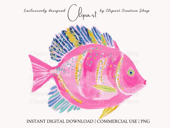 Preppy Tropical Fish PNG, Pink Coastal Tropical Fish Brushstroke Watercolor Clipart, Colorful Beachy Illustration, Summer Nautical Design