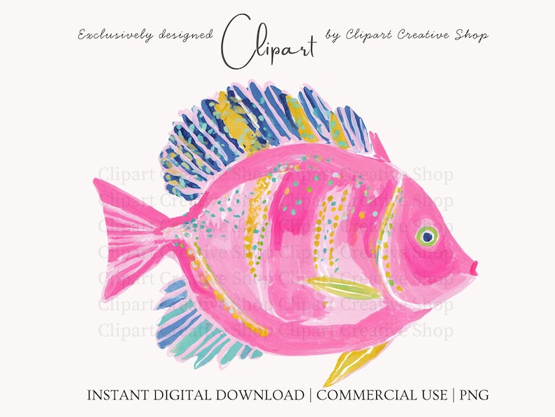 K&ouml;nnte beinhalten: Eine digitale Illustration eines leuchtend rosa Fisches mit gelben und blauen Akzenten an Flossen und K&ouml;rper. Der Text 'Exclusively designed Clipart by Clipart Creative Shop' steht oben, und 'INSTANT DIGITAL DOWNLOAD | COMMERCIAL USE | PNG' befindet sich unten.