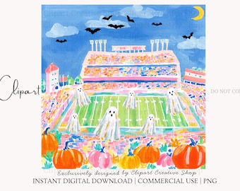 Preppy Halloween Football Stadium PNG Clipart, Ghost Bats Football png, Spooky Game Day PNG, Trendy Painterly Pumpkin Fall Football png