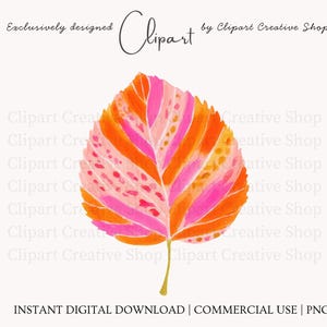 May include: A watercolor illustration of a single leaf featuring vibrant stripes and dots in shades of orange, hot pink, and light pink. The text Exclusively designed Clipart by Clipart Creative Shop appears at the top, with INSTANT DIGITAL DOWNLOAD | COMMERCIAL USE | PNG at the bottom.
