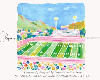 Preppy Football Stadium PNG Clipart, Brushstroke Painterly Small Town Football Field png, Floral Game Day Scene, Trendy Football Mom PNG