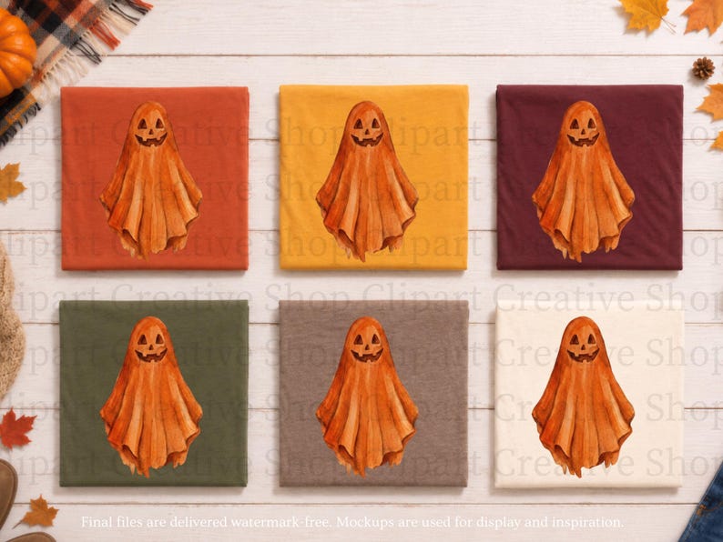 Puede incluir: Seis camisetas dobladas en varios colores, incluyendo naranja, amarillo, granate, verde oliva, gris y crema. Cada camiseta presenta un gr&aacute;fico central estilo acuarela de un fantasma con una cara de calabaza tallada en tonos naranja.