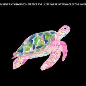 May include: A watercolour illustration of a sea turtle against a black backdrop. The turtle has a pink head and flippers, and a shell in shades of blue, green, and pink. Text at the top reads: TRANSPARENT BACKGROUNDS - PERFECT FOR LAYERING, PRINTING & CREATIVE OVERLAYS.