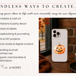 May include: A white smartphone case featuring a watercolor-style orange jack-o'-lantern pumpkin graphic. The text on the left reads ENDLESS WAYS TO CREATE, followed by a list of uses including printables, invitations, stickers, and more.