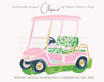 Preppy Pink Golf Cart PNG, Brushstroke Watercolor Golf Cart Clipart, Country Club PNG, Golf Lover Design, Palm Beach Style, Summer Golf PNG