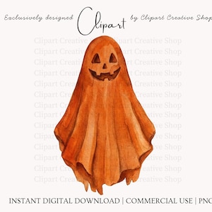 Puede incluir: Una ilustraci&oacute;n en acuarela de un fantasma color calabaza con una cara de linterna tallada, ojos triangulares y una amplia sonrisa dentada. El fantasma tiene una apariencia drapeada y fluida con tonos naranja intenso y pinceladas visibles.