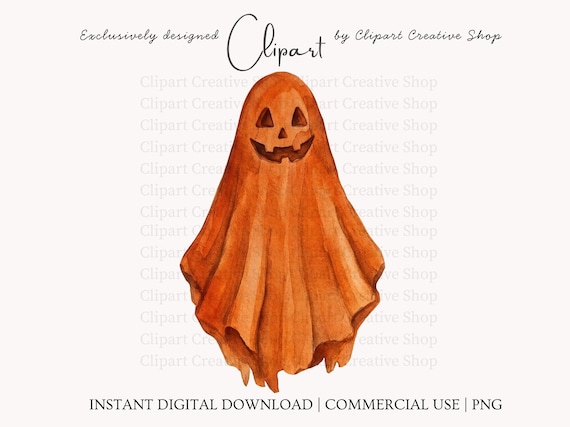 Vintage Pumpkin Ghost PNG Clipart, Watercolor Halloween Ghost Art, Nostalgic Jack O Lantern, Cozy Cottage Halloween png , Digital Download