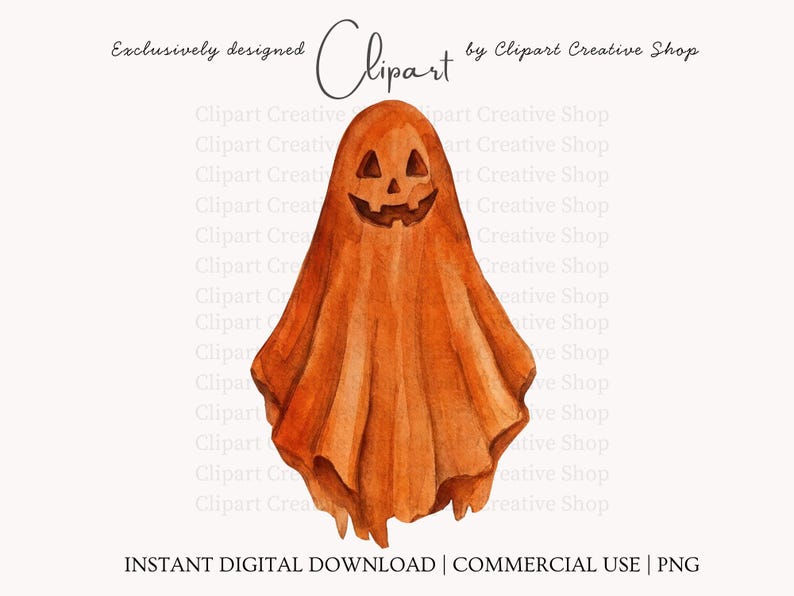 Puede incluir: Una ilustraci&oacute;n en acuarela de un fantasma color calabaza con una cara de linterna tallada, ojos triangulares y una amplia sonrisa dentada. El fantasma tiene una apariencia drapeada y fluida con tonos naranja intenso y pinceladas visibles.