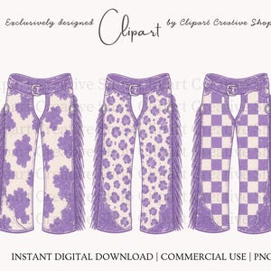 May include: Three pairs of purple and cream chaps featuring fringe along the outer legs and a belt at the waist. The first pair has a floral pattern, the second has a leopard print, and the third has a checkered pattern. Text reads Clipart Creative Shop.