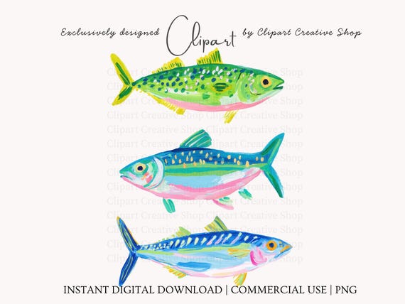 Preppy Fish PNG Clipart, Trendy Three Fish PNG, Coastal Watercolor Design, Colorful Ocean Graphic, Digital Download
