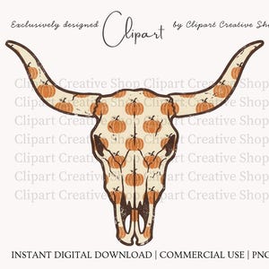 May include: A graphic illustration of a longhorn steer skull featuring a repeating pattern of orange pumpkins on a cream-colored background. The skull has a dark brown outline and a distressed texture, with long, curved horns extending outward.