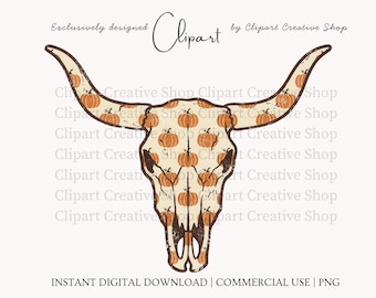 Fall Longhorn Skull PNG, Pumpkin Cow Skull Clipart, Trendy Vintage Country Western Fall PNG, Retro Rustic Ranch Life Pumpkin Patch png