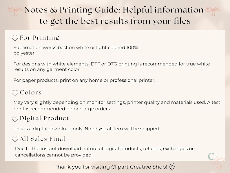 K&ouml;nnte beinhalten: Ein digitales Informationsblatt mit dem Titel Notes & Printing Guide: Helpful information to get the best results from your files. Es enth&auml;lt Abschnitte zum Drucken, zu Farben, zu digitalen Produkten und zu Verkaufsrichtlinien sowie einen Dank.