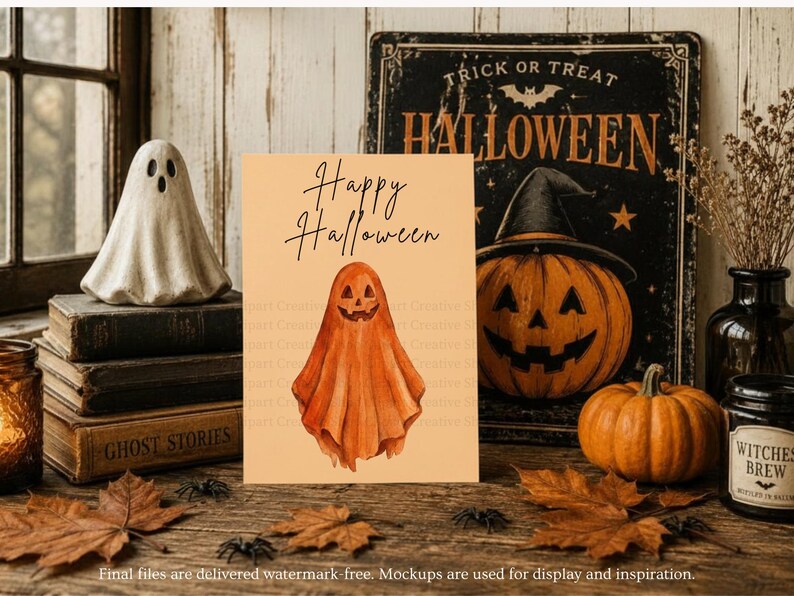 Puede incluir: Una tarjeta de felicitaci&oacute;n rectangular con fondo naranja claro que presenta el texto Happy Halloween en letra cursiva negra y una ilustraci&oacute;n en acuarela de un fantasma naranja con cara de calabaza tallada en el centro.