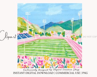 Small Town Football Stadium PNG Clipart, Painterly Watercolor Preppy Football Field png, Floral Game Day Scene, Tailgate Football Mom PNG