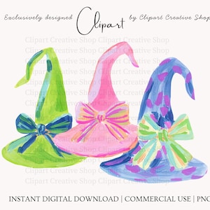 May include: Three watercolor-style witch hats in lime green, bright pink, and purple with blue spots. Each hat features a decorative bow at the base. The text reads Exclusively designed Clipart by Clipart Creative Shop and INSTANT DIGITAL DOWNLOAD | COMMERCIAL USE | PNG.