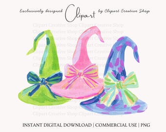 Preppy Halloween Witch Hat PNG Trio, Trendy Cute Coquette Painterly Brushstroke Spooky Season png, Colorful Watercolor Witch Hat Clipart