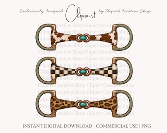 Western Horse Bit PNG Trio, Retro Vintage Cowhide Leopard Checkered Horse Bit Clipart, Trendy Cowgirl Rodeo Graphic, Ranch Equestrian PNG