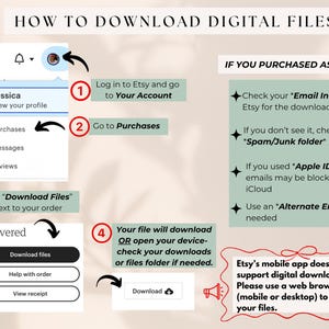 May include: A guide on how to download digital files from Etsy. The image shows step-by-step instructions, including logging into your account, going to purchases, and clicking "Download Files." Additional information is provided for guest purchases.