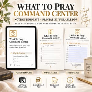Może przedstawiać: Cyfrowy i drukowalny zestaw planera What To Pray Command Center zawierający tablet z szablonem Notion, dwa arkusze papieru oraz kubek z napisem Prayer Fuels Purpose. Zawiera sekcje Who To Pray For oraz pola wyboru do zaznaczania.