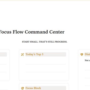 May include: A digital productivity planner page titled Customer Access Focus Flow Command Center with a gold target icon. It includes sections for Start Here, Today's Top 3, and Distraction Parking, with the text START SMALL. THAT'S STILL PROGRESS.