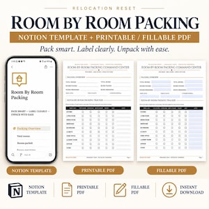 May include: A digital organization tool featuring a Notion template, a printable PDF, and a fillable PDF for room-by-room packing. The documents include a packing overview and a tracker with columns for rooms, status, and notes, all titled Room By Room Packing.