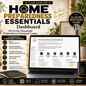 May include: A digital Home Preparedness Essentials Dashboard displayed on a laptop screen, featuring six command centres for emergency planning, inventory, and insurance. The layout includes text, icons, and a black mug with gold text.