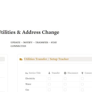 May include: A digital document titled Customer Access Utilities & Address Change featuring a gold location icon. It includes sections for Address Change Overview and a Utilities Transfer/Setup Tracker with columns for Electricity, Water, and Gas services.