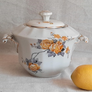 May include: A white porcelain sugar bowl with a lid, featuring a faceted body, two ornate handles, and a floral pattern of yellow roses with grey leaves. A single yellow lemon is placed next to the bowl for scale, providing a visual size reference.