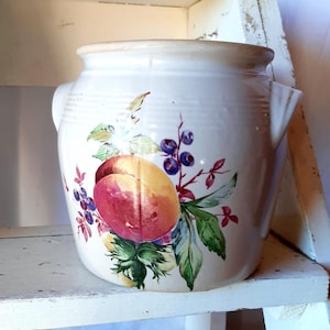 Può includere: Vaso in ceramica color crema con un design di frutta e fiori. Il vaso presenta una grande pesca, bacche viola e foglie verdi. Ha due piccole maniglie e un bordo leggermente svasato. Il vaso è su una mensola di legno bianco invecchiato.