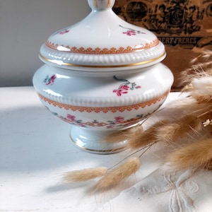 Op de afbeelding: Een witte porseleinen pot met deksel, gouden knop en rand. De pot heeft een bloemmotief in roze en oranje. De pot staat op een voetstuk en is waarschijnlijk vintage of antiek.