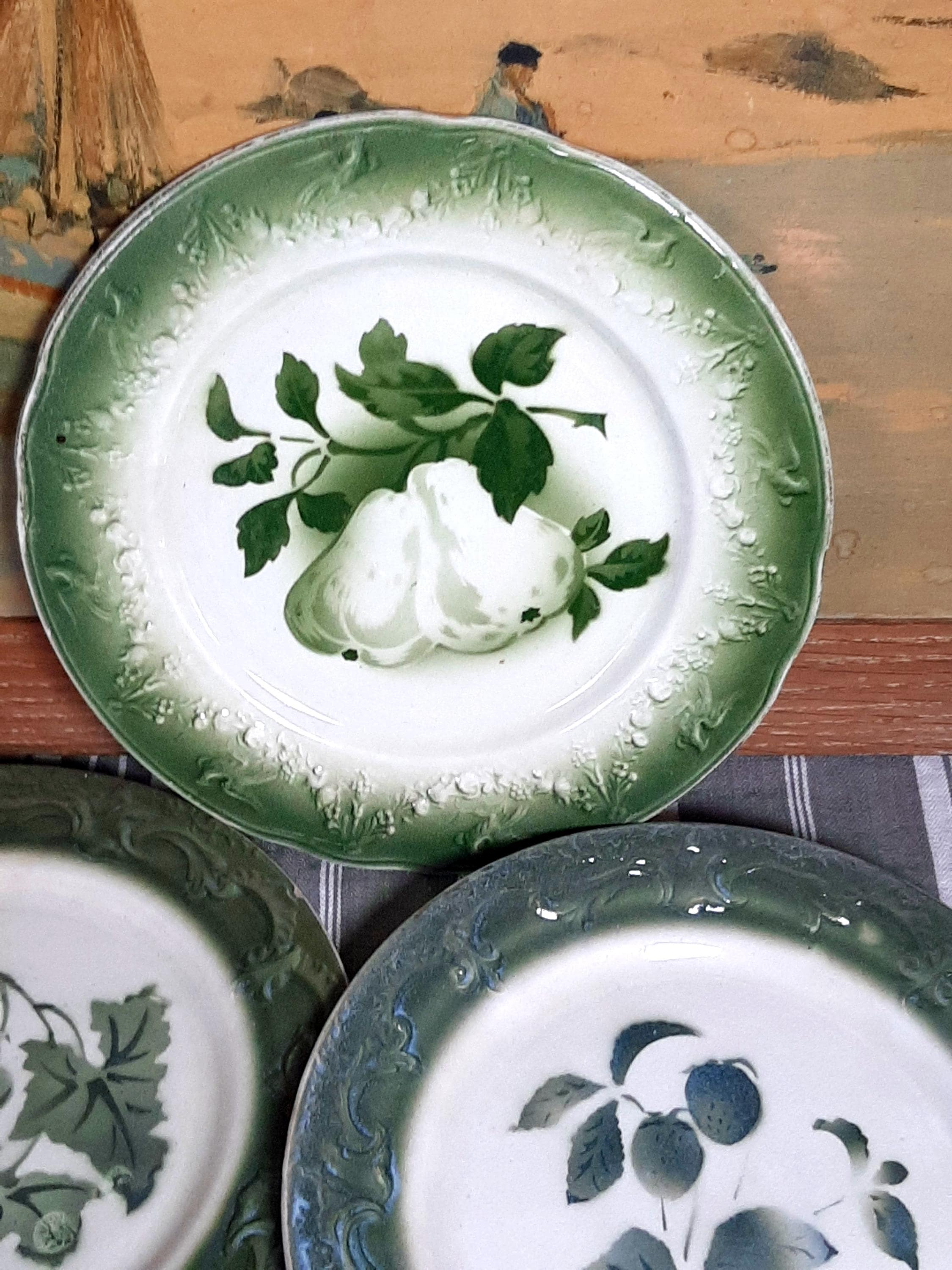 Lot De 4 Assiettes à Dessert Vintage Lunéville, Contour Vert Menthe Et Porcelaine