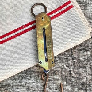 May include: A vintage brass spring scale featuring a circular top ring and a bottom hook. The rectangular face displays a vertical measurement slot with numerical markings ranging from 2 to 24, indicating weight in pounds, with visible metal rivets.