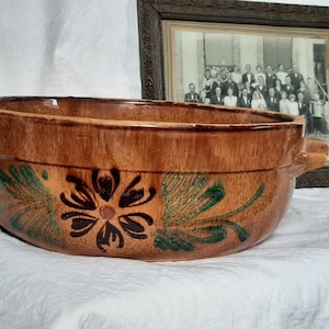 Antique large Alsatian stoneware dish - Antique glazed pottery terrine - very large French dish