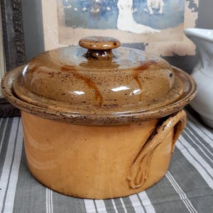 May include: A vintage ceramic pot with a lid and handle. The pot is a warm, earthy colour with a speckled, glazed finish. The lid has a small, rounded knob. The pot's design includes a decorative handle on the side.