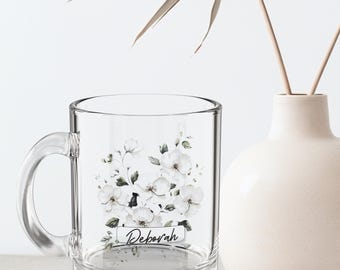 Personalized Glass Mug, Customized Flower Teacup, Engraved Coffee Mug, Monogrammed Clear Glass Tumbler, Unique Gift Idea, Mother's Day Gift