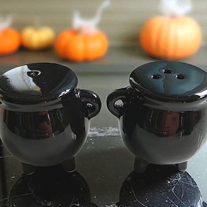 May include: Two black ceramic salt and pepper shakers in the shape of cauldrons. Each shaker has a rounded body, small feet, and loop handles. The lids have holes for dispensing. Pumpkins are visible in the background.