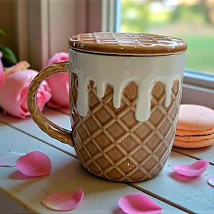 May include: A ceramic mug with a waffle cone design and a matching lid. The mug has a brown waffle pattern with white dripping glaze. Pink rose petals and a macaron are nearby.
