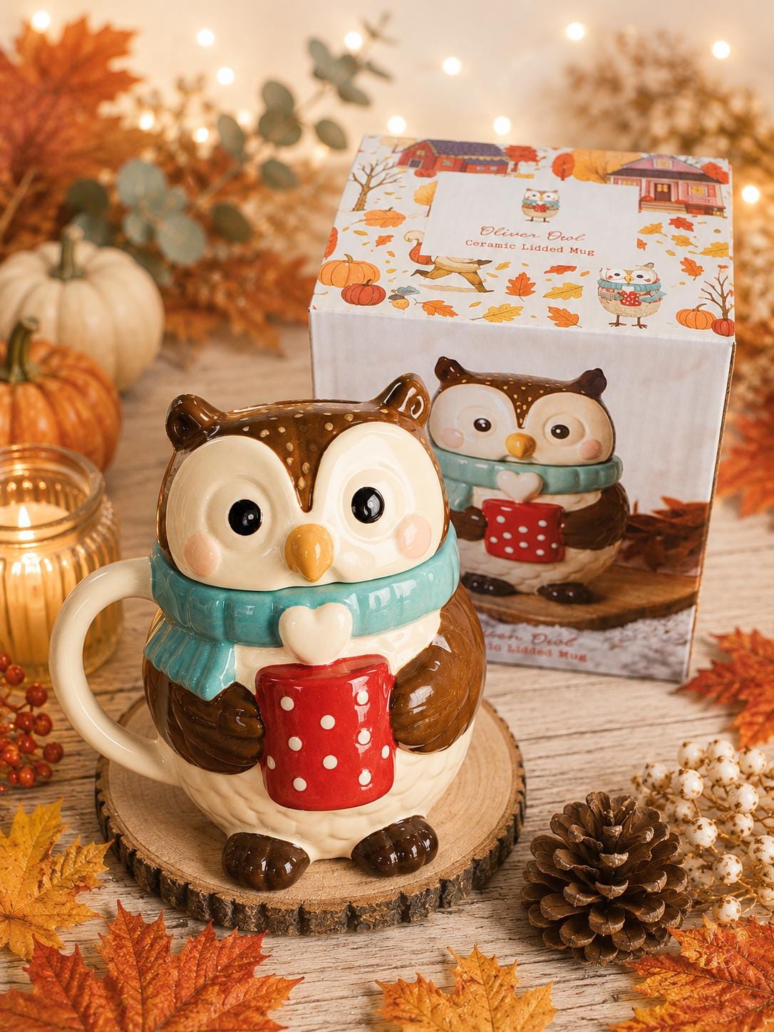 Cute Owl Mug with Lid. Autumn Ceramic Mug. Cosy Coffee Cup. Woodland Owl Gift. Novelty Tea Mug. Fall