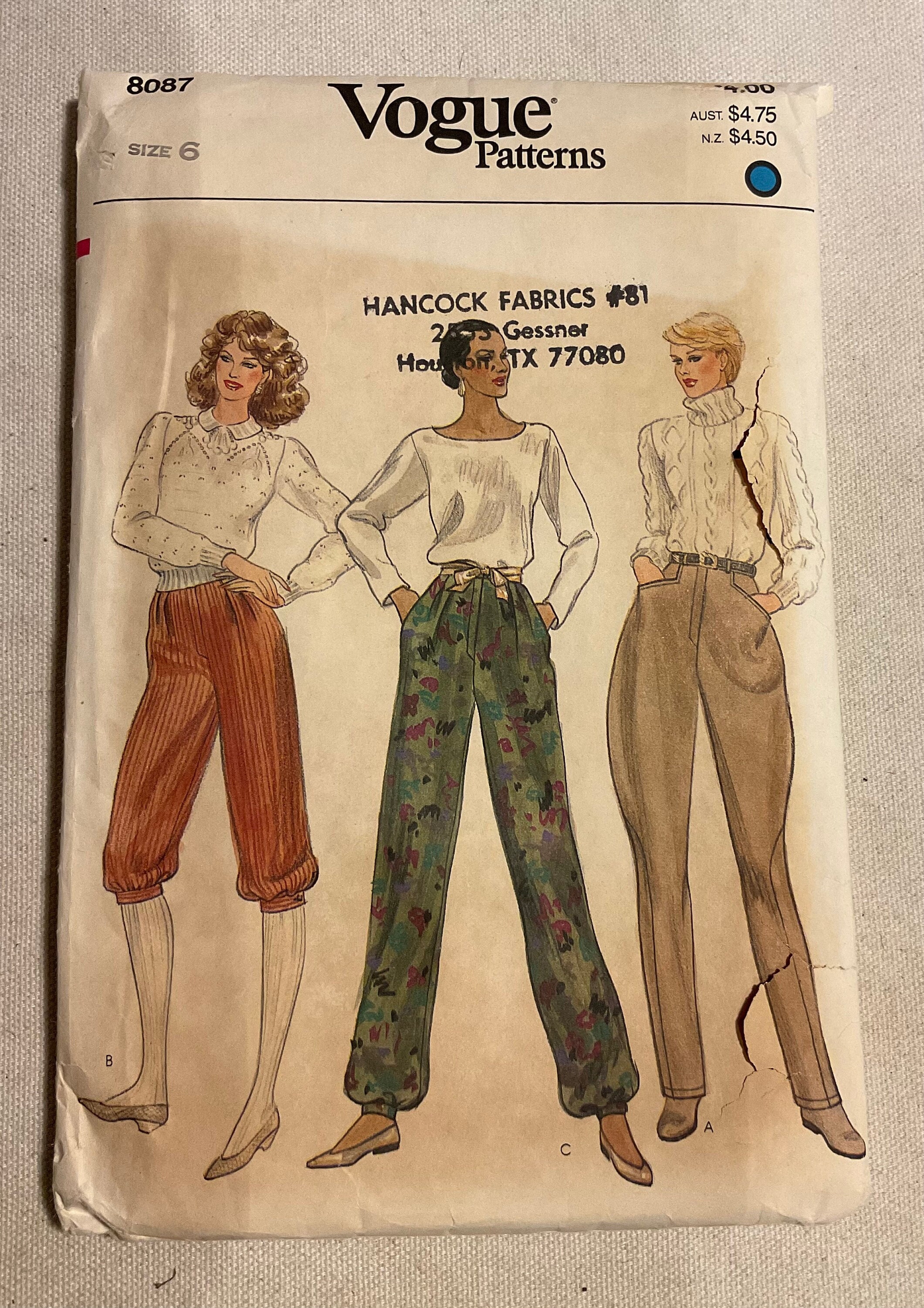 Vintage 80's Jodhpurs, Knickers or Cuffed Pants Pattern Vintage 80's Jodhpurs, Knickers or Cuffed Pants Pattern