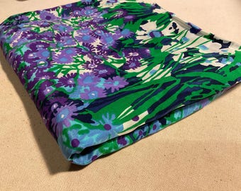 Vintage 70’s Purple Blue & Green Floral Print Silk Crepe de Chine 6.5 Yds