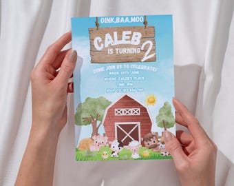 May include: A birthday party invitation with a farm theme. The invitation features a barn, farm animals, and the text "OINK, BAA, MOO" and "CALEB IS TURNING 2". The invitation includes details for the party.