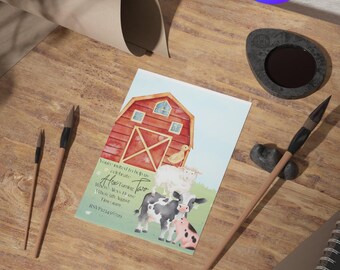 May include: A watercolor invitation with a red barn, sheep, cows, and a pig. The text reads "Alex turning two" and includes event details. The image is on a wooden surface with art supplies and a Canva logo.