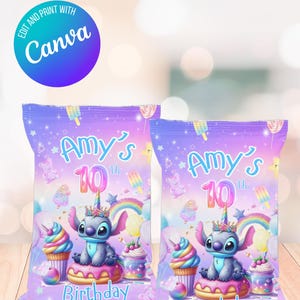 May include: Two purple birthday treat bags featuring a cartoon character, cupcakes, and rainbow designs. The bags read "Amy's 10th Birthday" in a colourful font. The image also includes the text "Edit and Print with Canva".