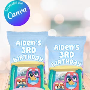 May include: Two light blue party favor bags with the text "Aiden's 3rd Birthday". Each bag features a cartoon image of two characters in a car. The bags are on a wooden surface.